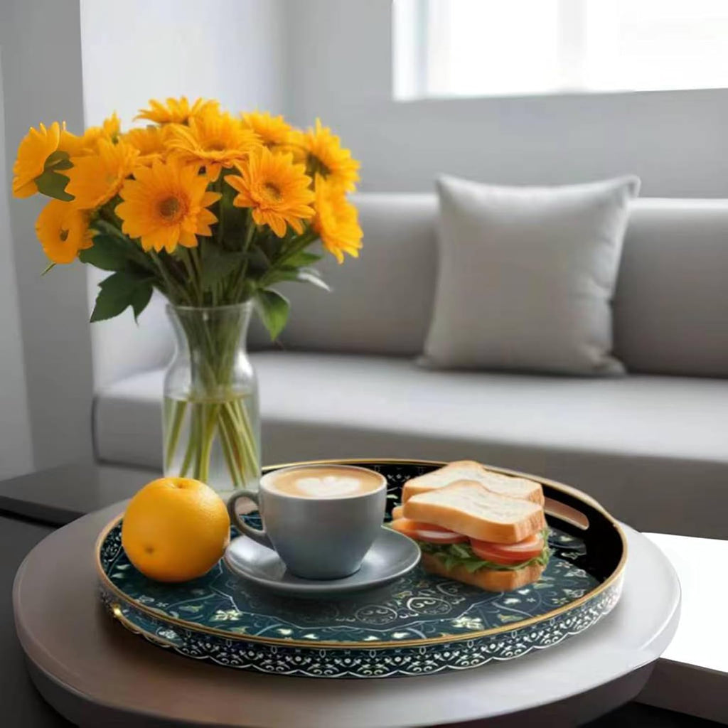 Round Serving Tray with Handles - Large Round Ottoman Tray Coffee Table Tray,Plastic Decorative Serving Trays for