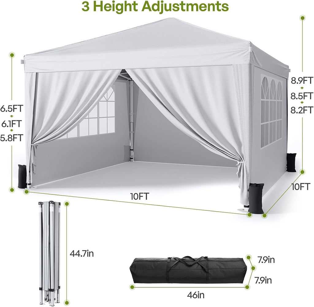 10x10 Pop Up Canopy with Sidewalls, Instant Portable Canopy Tent with Carry Bag Events, Camping, Parties - White