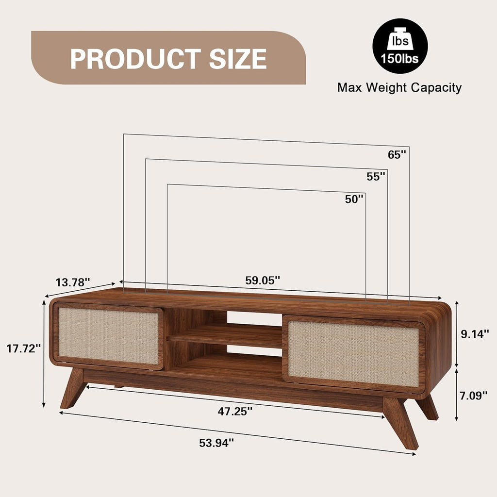 Mid Century Modern TV Stand for TVs up to 65'', Farmhouse Entertainment Center with Storage, TV Cabinet Table with Nature Linen Doors, Media Console TV Consoles for Living Room Bedroom (Walnut)