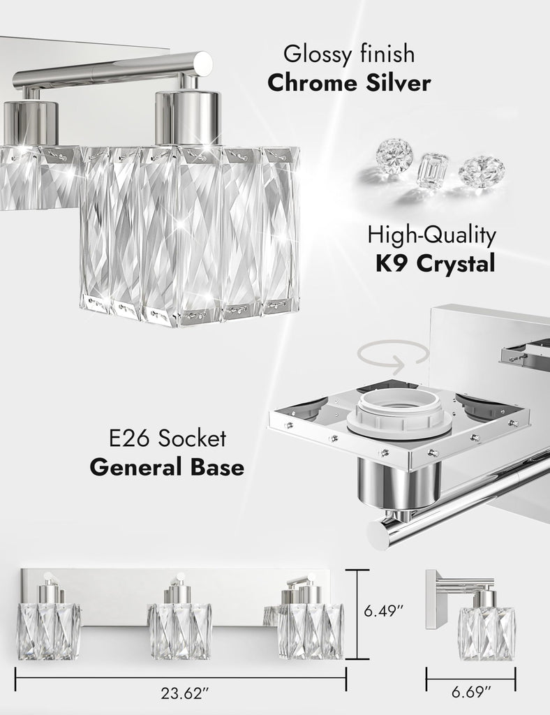 3-Light Crystal Bathroom Vanity Light Square, Chrome