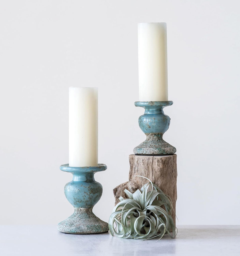 Co-Op Large Distressed Blue Terracotta Pillar Candle Holder