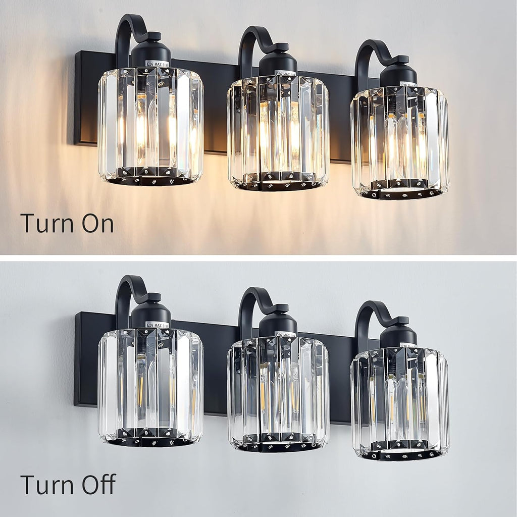 Modern 3-Lights Black Bathroom Vanity Light, Crystal Bathroom Lights Over Mirror, Modern Wall Lighting Fixtures with