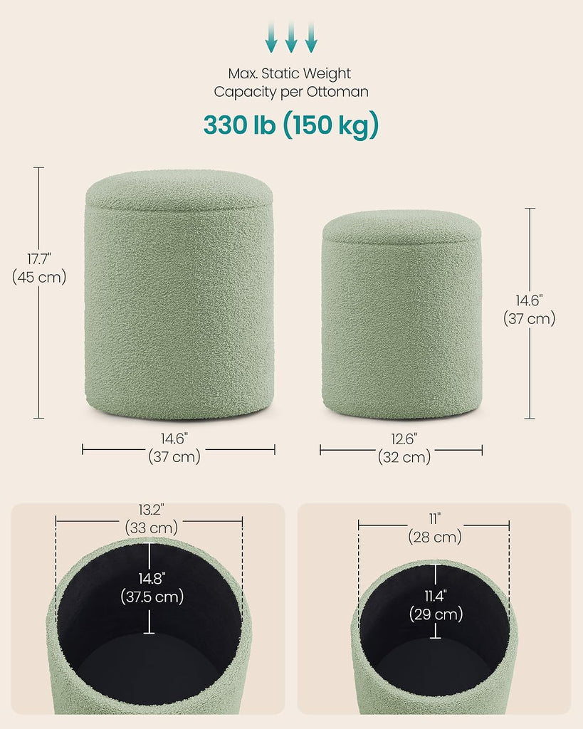 SONGMICS Vanity Stool, Set of 2, Round Storage Ottoman, Teddy Fleece