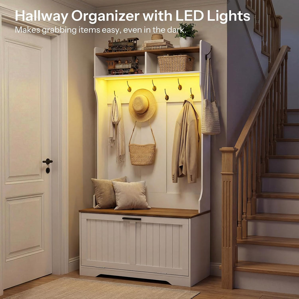 Hall Tree with Bench, 15.7''W Entryway Bench with Coat Rack, Shoe Cabinet with Flip Drawer, LED Hall Tree with 9
