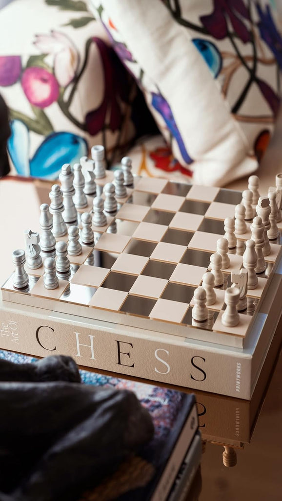 Classic Art of Chess Mirror, Beige & Silver - Acrylic Board