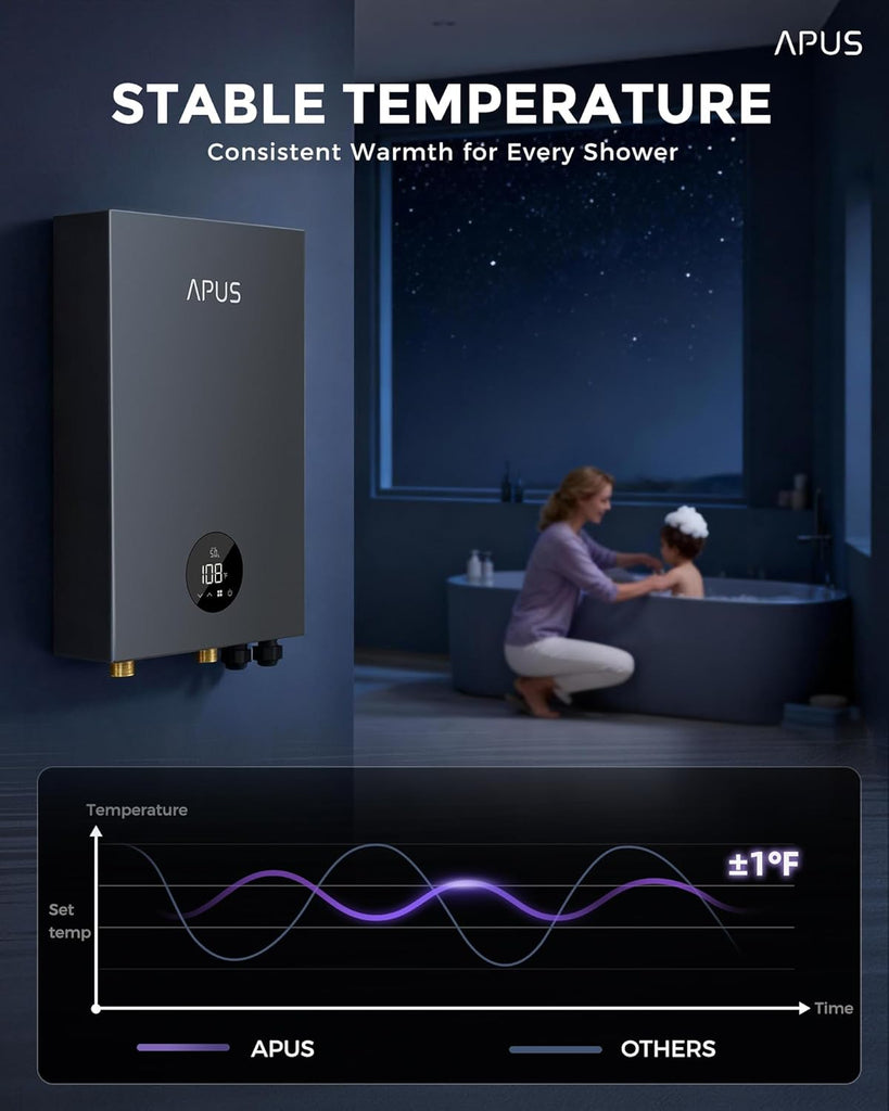 18kW Electric Tankless Water Heater, APUS 240V Instant On-Demand Hot Water Heater, Up to 4.4 GPM with LED Display