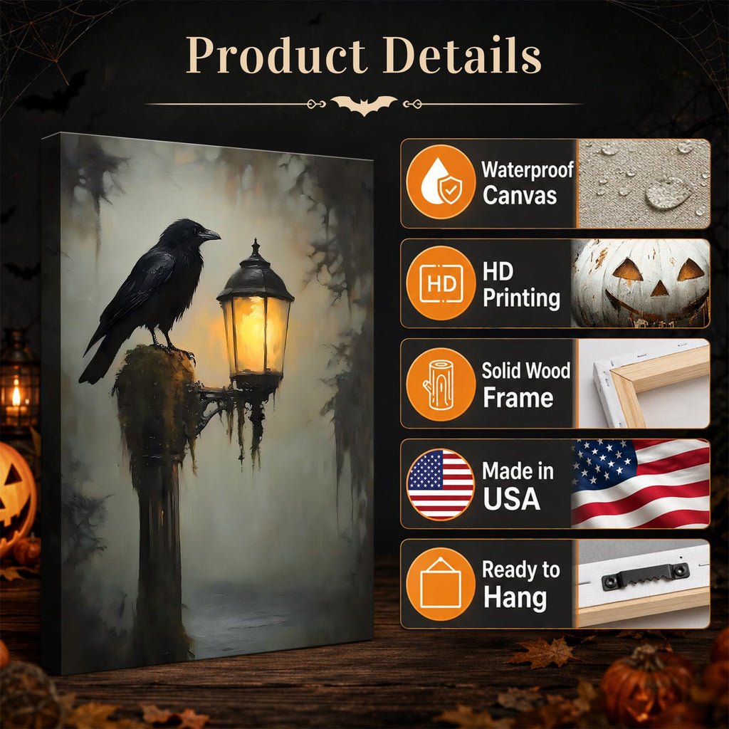 Framed Halloween Raven Canvas Wall Art Gothic Bird with Lantern Artwork, Vintage Dark Canvas Prints Wall Decor
