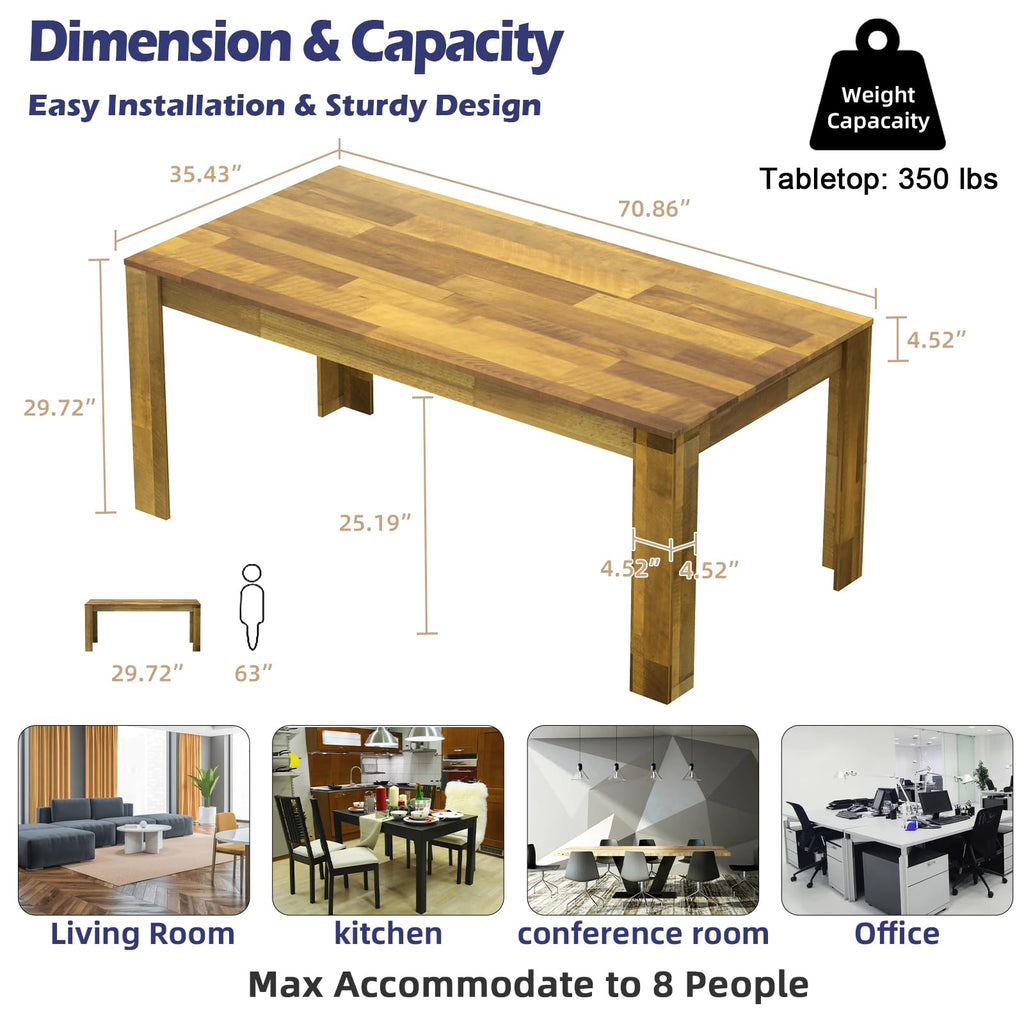 71" Kitchen Dining Table for 6-8, Farmhouse Wood Rectangular Dinner Table
