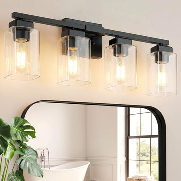27" Bathroom Light Fixtures Over Mirror,4-Light Black Vanity Light | Square Clear Glass & Durable Metal, Quick & Easy
