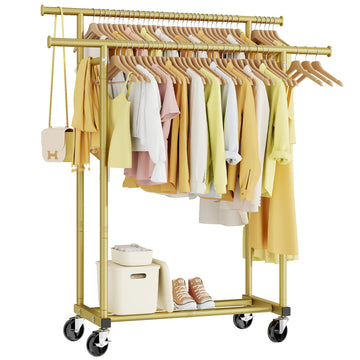 Double Rods Clothes Rack, Sturdy Rolling Clothing Rack, Portable Clothing Racks for Hanging Clothes - Metal Garment