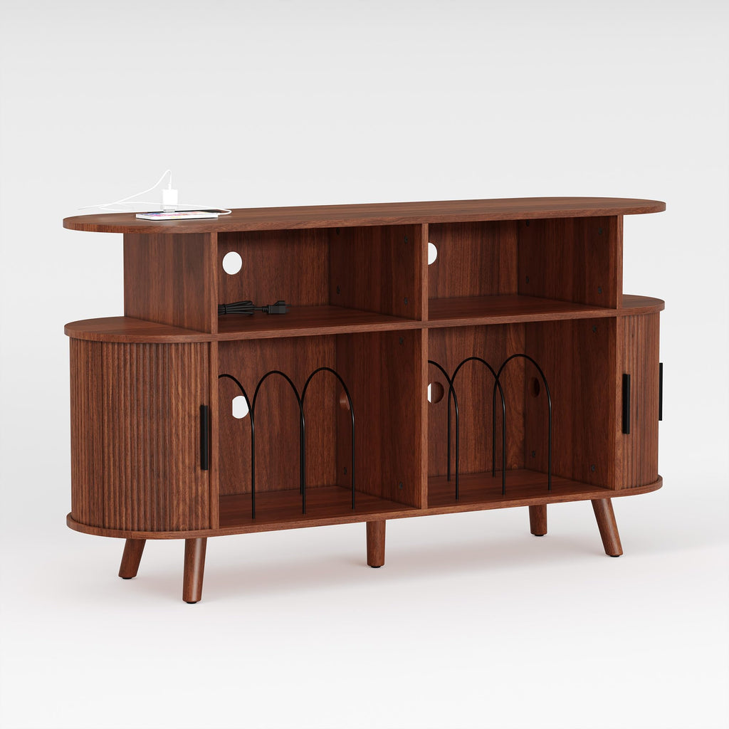 55'' Fluted Mid Century Modern Turntable Cabinet with Vinyl Storage, Large Round Record Player Stand with Charging