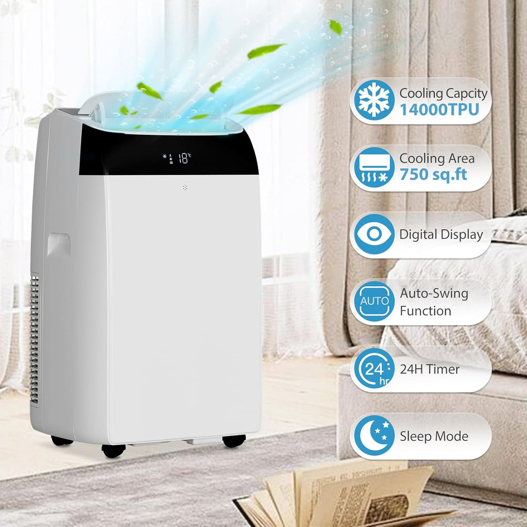 14000 BTU Portable Air Conditioner with Follow Me Function, 3-in-1 AC Includes Remote & Full Window Kit
