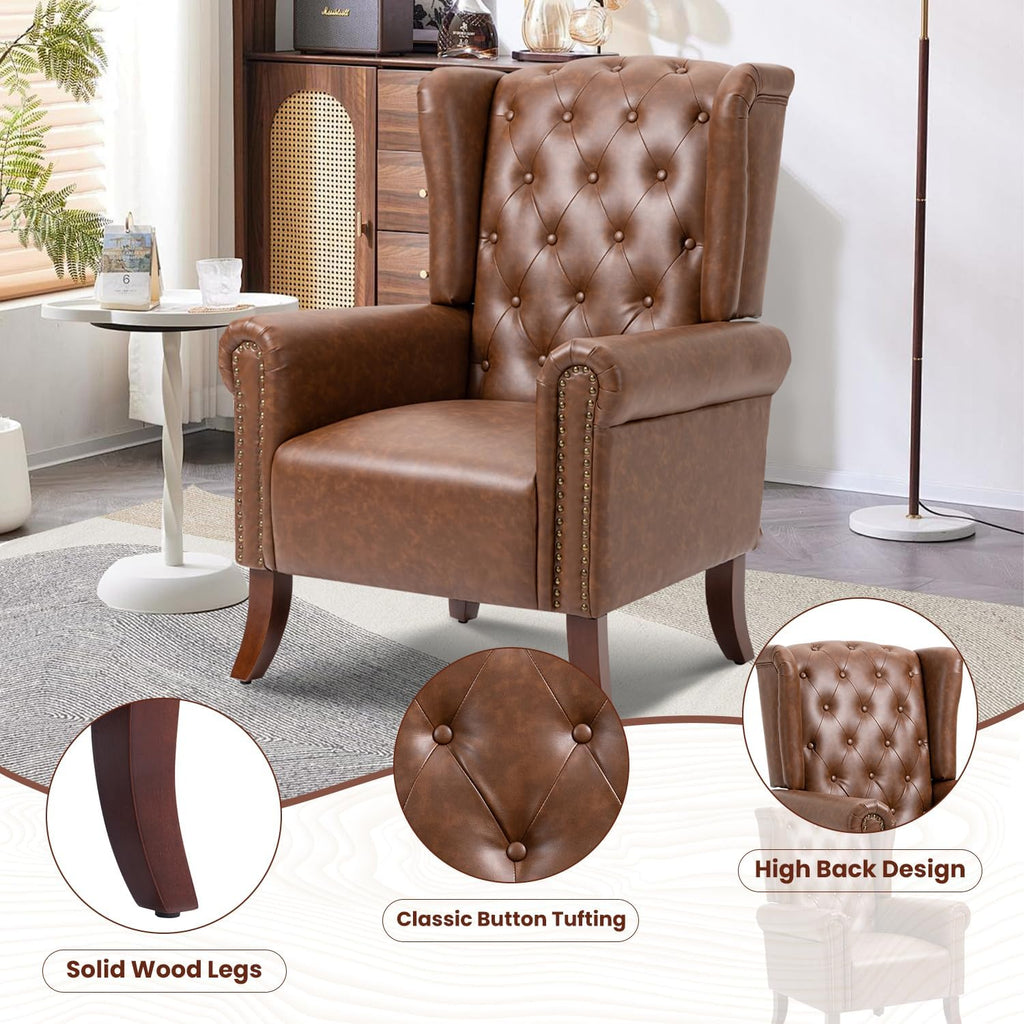 PU Leather Accent Chair Set of 2, Modern Upholstered Living Room Chair Sofa Chair with Wooden Legs, Wingback Armchair