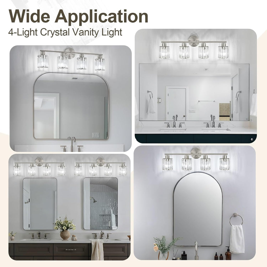 Modern Brushed Nickel Crystal Bathroom Light Fixtures,4-Light | Bathroom Lighting Fixtures over Mirror,Vanity Lights