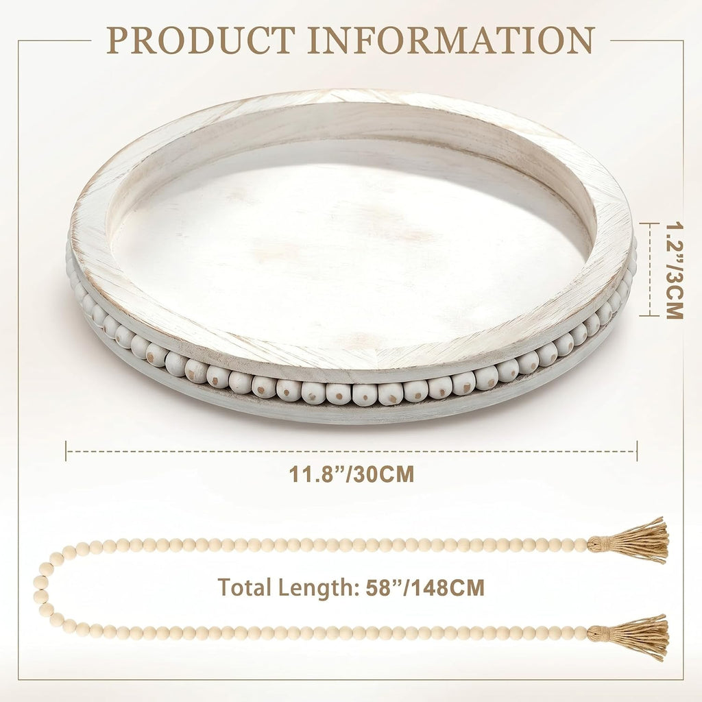 2 Pcs Farmhouse Round Tray Decor Set, 12" White Washed Beaded Round Wood Tray with 58" Long Beaded Garland for Coffee