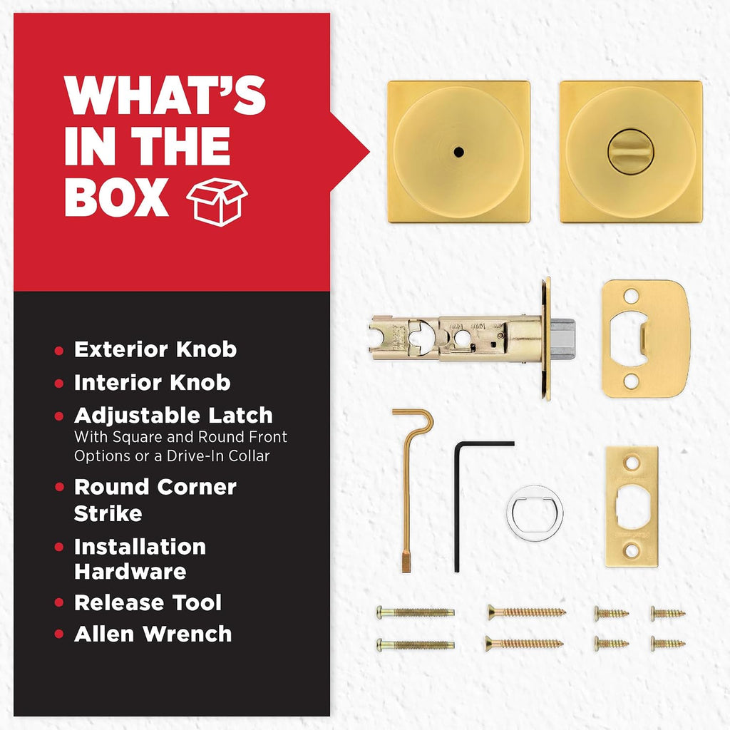 Pismo Interior Privacy Door Knob with Lock, Door Handle , Satin Brass, Square, Keyless Turn Lock Doorknob