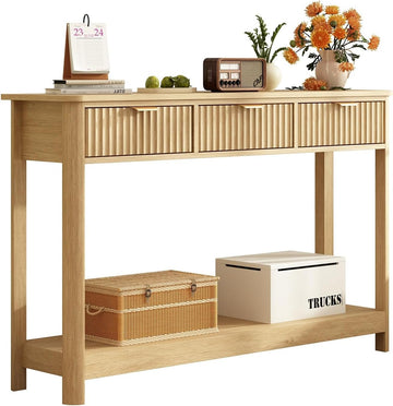 Fluted Wood Console Table with 3 Drawers, Boho Narrow Behind Couch Entryway Table with Open Storage Shelf, Modern