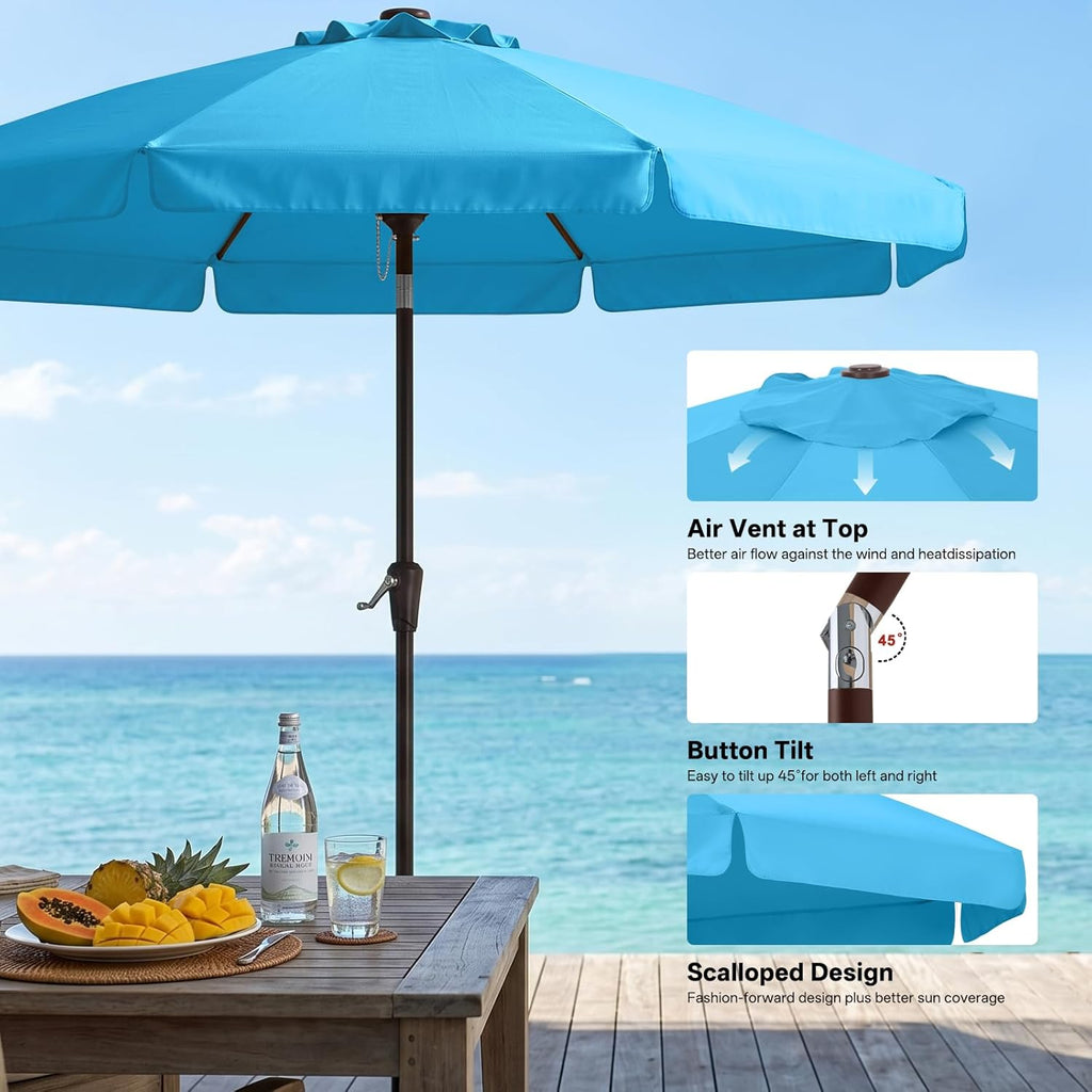 9ft Scalloped Patio Umbrella, Outdoor Table Umbrella with Tilt and Crank, Fiberglass Ribs Deck Umbrella Pool, Garden