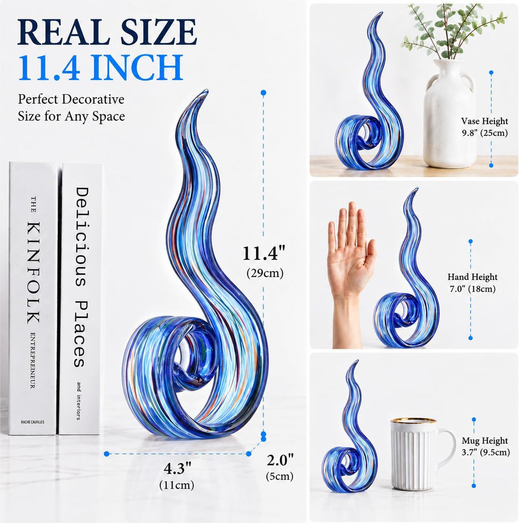 11.4" Tall Hand Blown Glass Sculpture, Murano Style Art Glass Figurine, Modern Coastal Home Decor Accent for Shelf