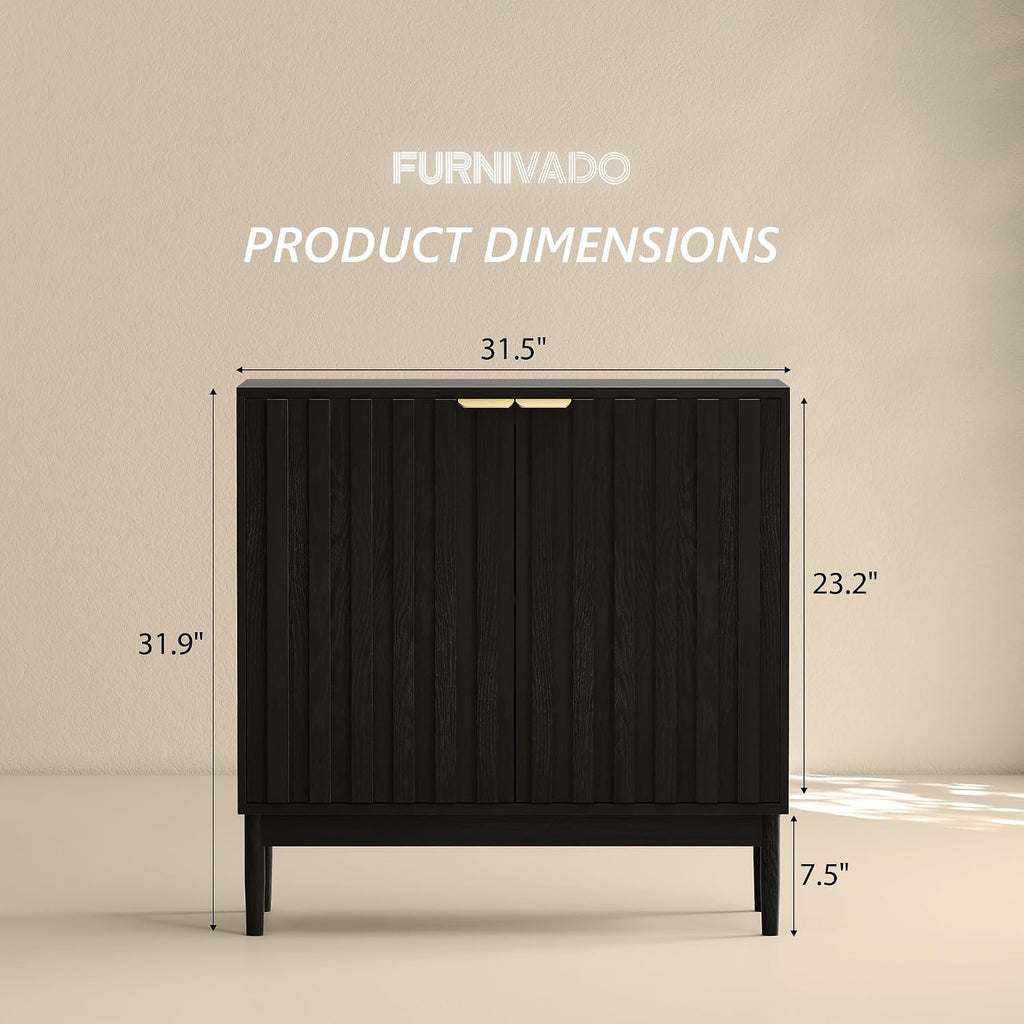 Fluted Cabinet with Storage, Buffet Cabinet Sideboard with 2 Doors, Black Buffet Storage Accent Cabinets with