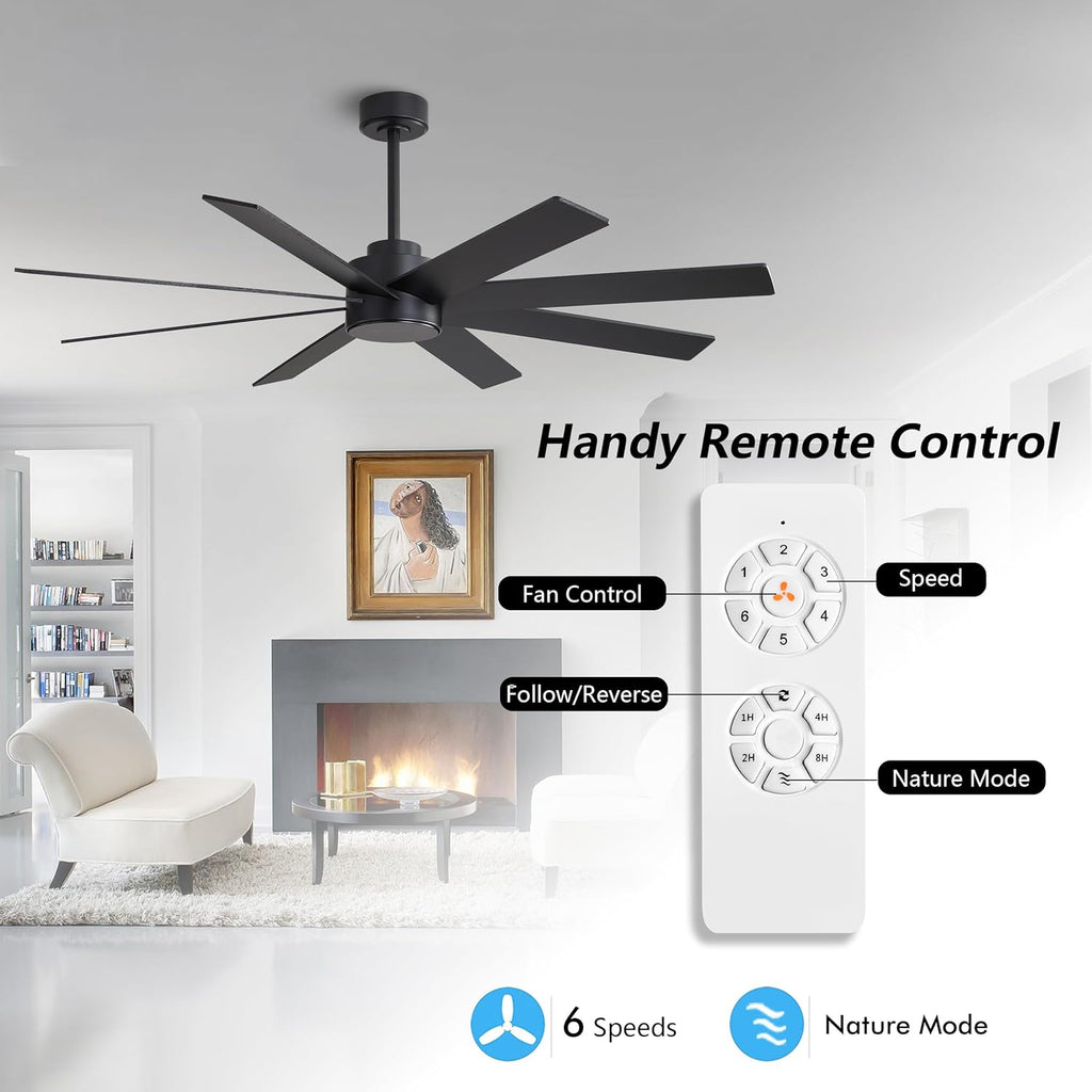 72" Large DC Ceiling Fans without Lights, 3 Downrods, 8 Plywood Blades, 6-Speeds Reversible DC Motor