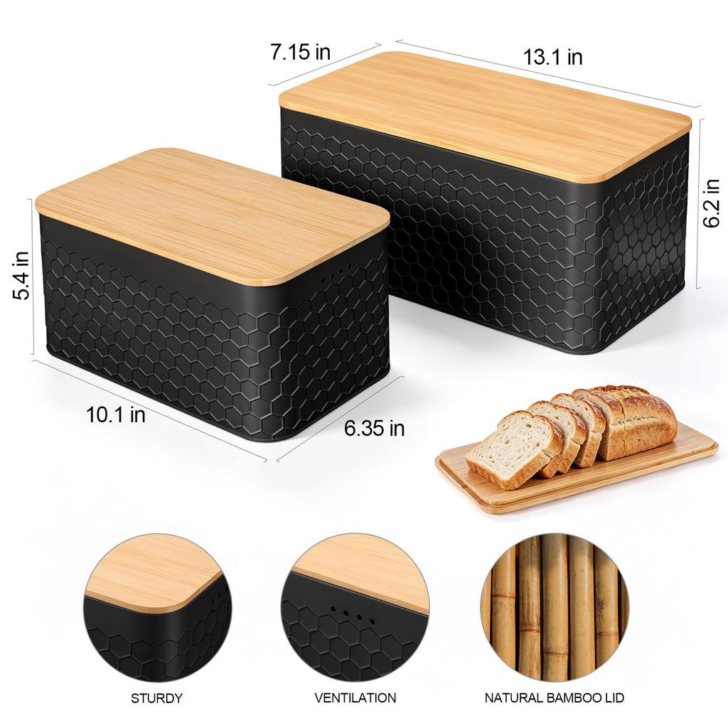 Metal Set of 2 with Bamboo Lid, Modern Bread Storage Containers with Air Vents, Bamboo Cutting Board Lid, Farmhouse