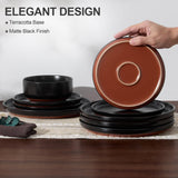 12-Piece Stoneware Plates and Bowls Sets, Dinnerware Sets for 4, Ceramic Dishware Dishes Set with Terracotta Base