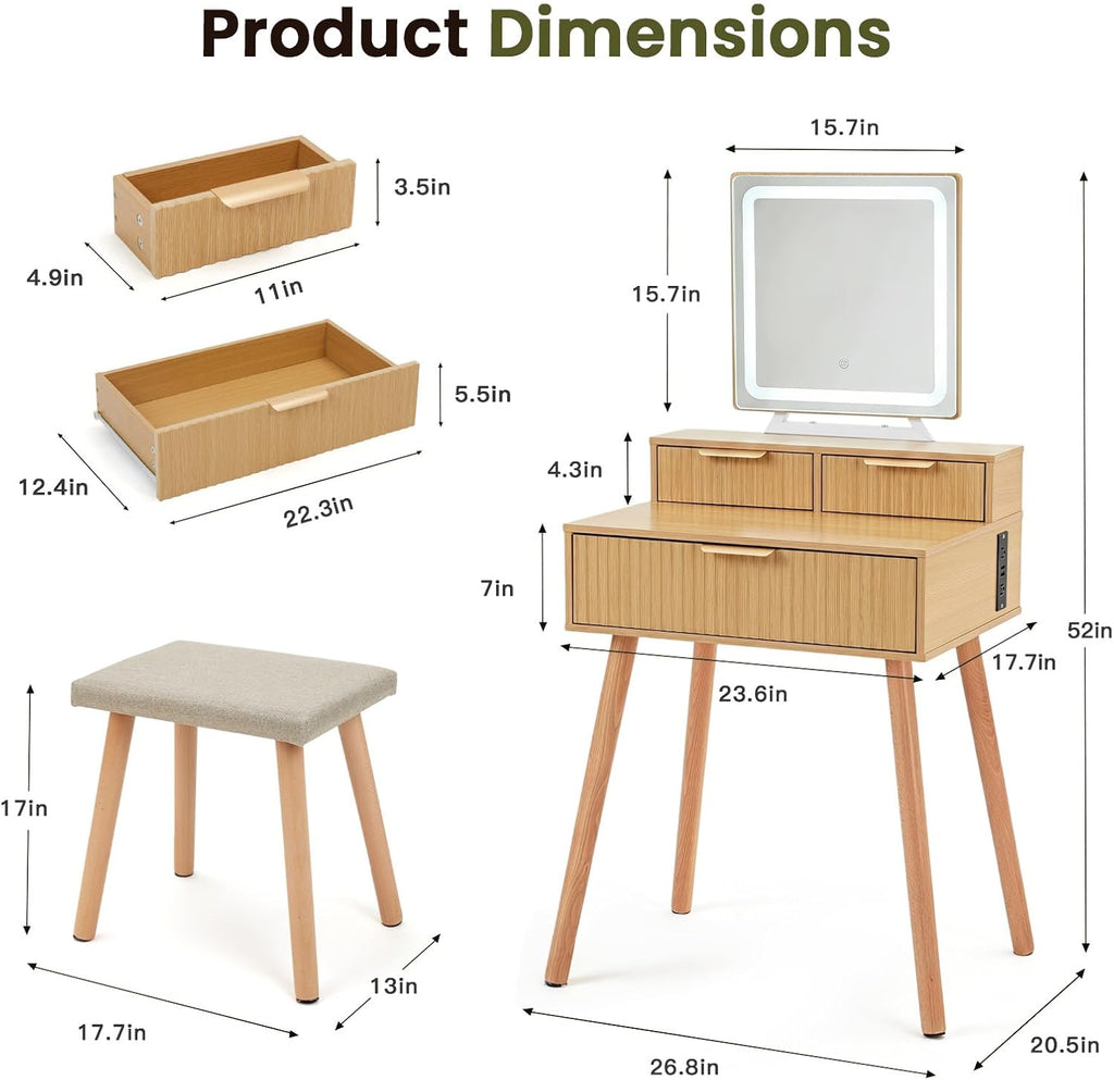 Small Vanity Desk with Lights Mirror, Compact Makeup Vanity Table with Stool, Fluted Wood Vanity with Power Outlet, 3