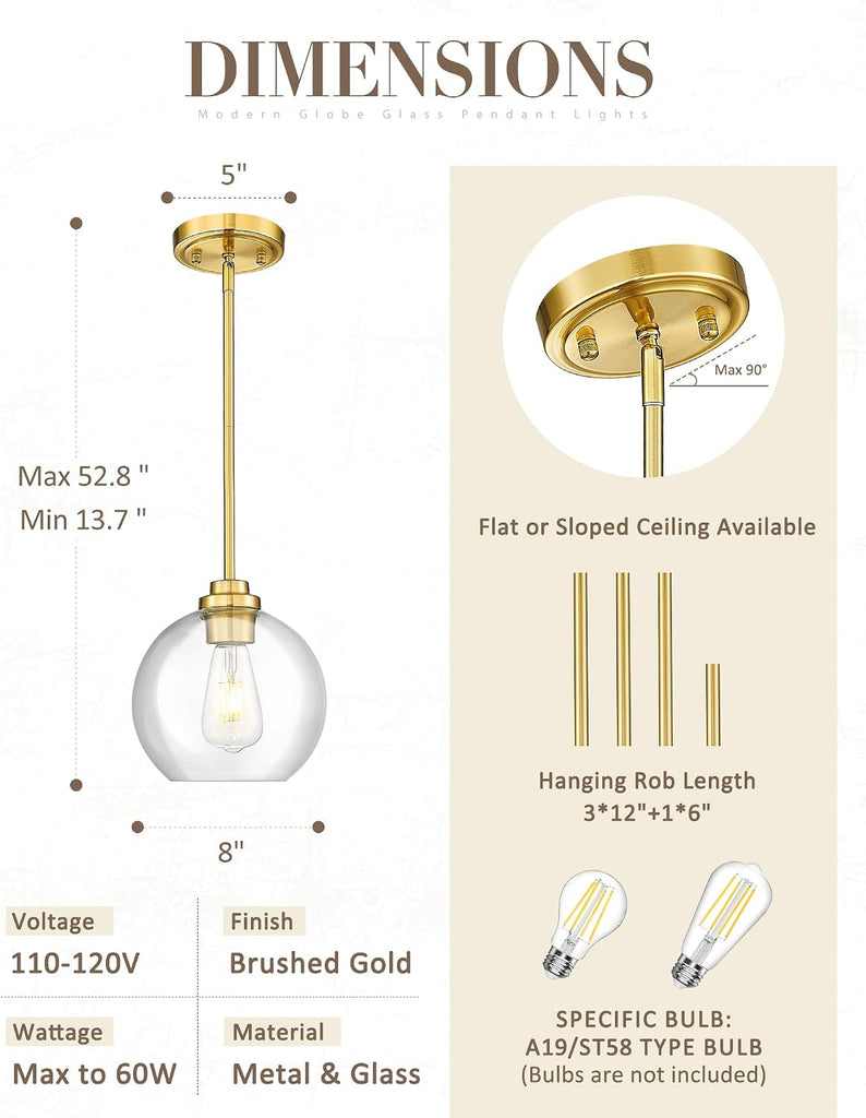 8 inch Modern Gold Pendant Light Fixtures, Mid Century Globe Pendant Lights with Clear Glass, 1 Light Hanging Lights