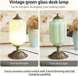 Milk Glass Touch Table Lamp, Elegant Green Jadeite Glass Bedside Desk Lamp 3 Way Dimmable with USB C+A Charging Ports