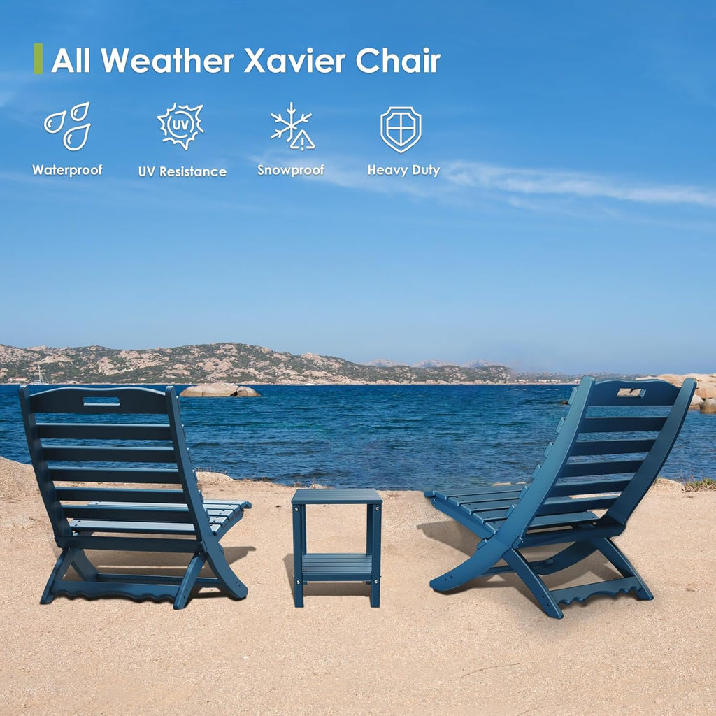 Folding-Xavier-Adirondack-Chairs Set of 2, HDPE Plastic, Blue | No Assembly Needed | Portable | All Weather | Low