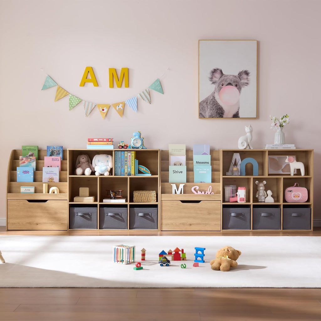 Kids Bookshelf and Toy Storage, Toy Storage Organizers with Movable Drawers & 3 Storage Bins, Kids Reading Nook Toy