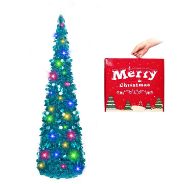 With Lights, 5ft Collapsible Pop Up Blue Tinsel Coastal for Holiday Xmas Decorations, Home Display, Office Decor, Blue