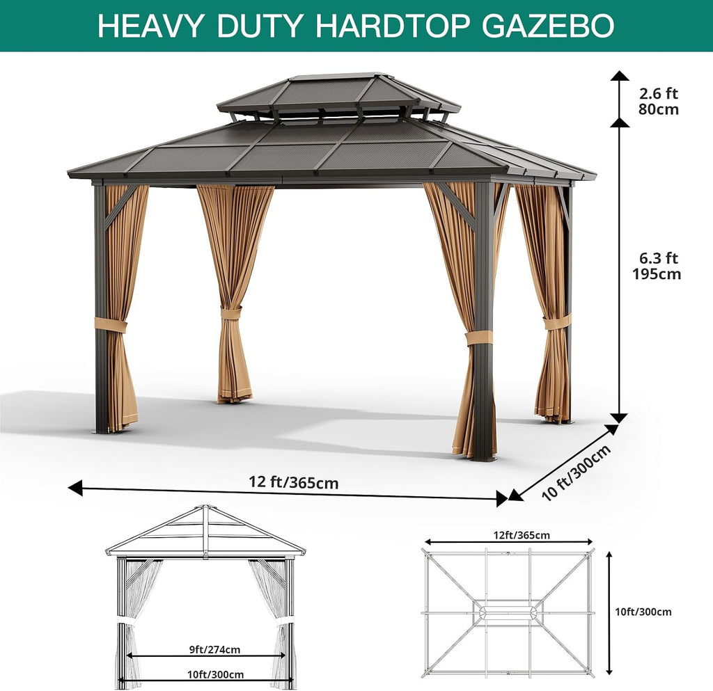 10'x12' Hardtop Gazebo, Outdoor Polycarbonate Double Roof Canopy