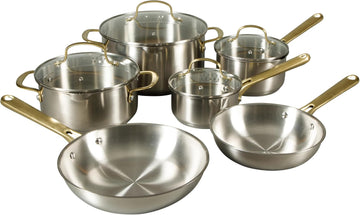 Platinum Sunstreak Pots and Pans Set, 10-Piece Stainless Steel Cookware Set with Glass Strainer Lids and Gold