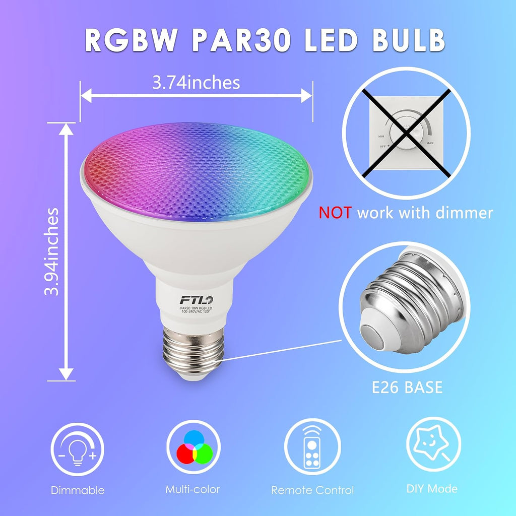 PAR30 LED Color Changing Light Bulb with Remote Control, RGB Dimmable Colored Light Bulbs 10W=65W, 2700K-6000K, 30
