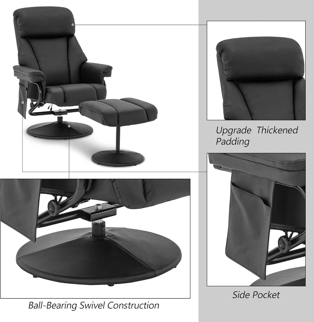 Modern Reclining Swivel Lounge Chair and Ottoman — Black Faux Leather