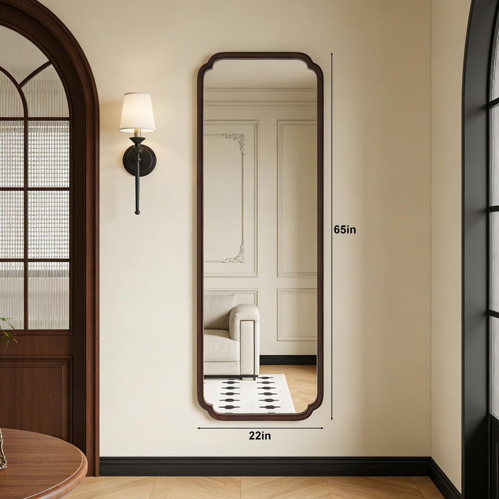 Full Length Mirror Wall Mounted, Rustic Wooden Frame Floor Mirror, Rounded Corner Large Full Body Mirror, Dressing