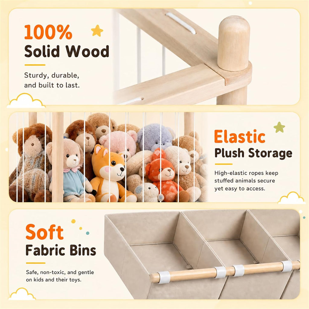 2-in-1 Stuffed Animal Storage & Toy Organizer for Kids Rooms, 6 Bins | Wooden stuffed animal and toy organizer with