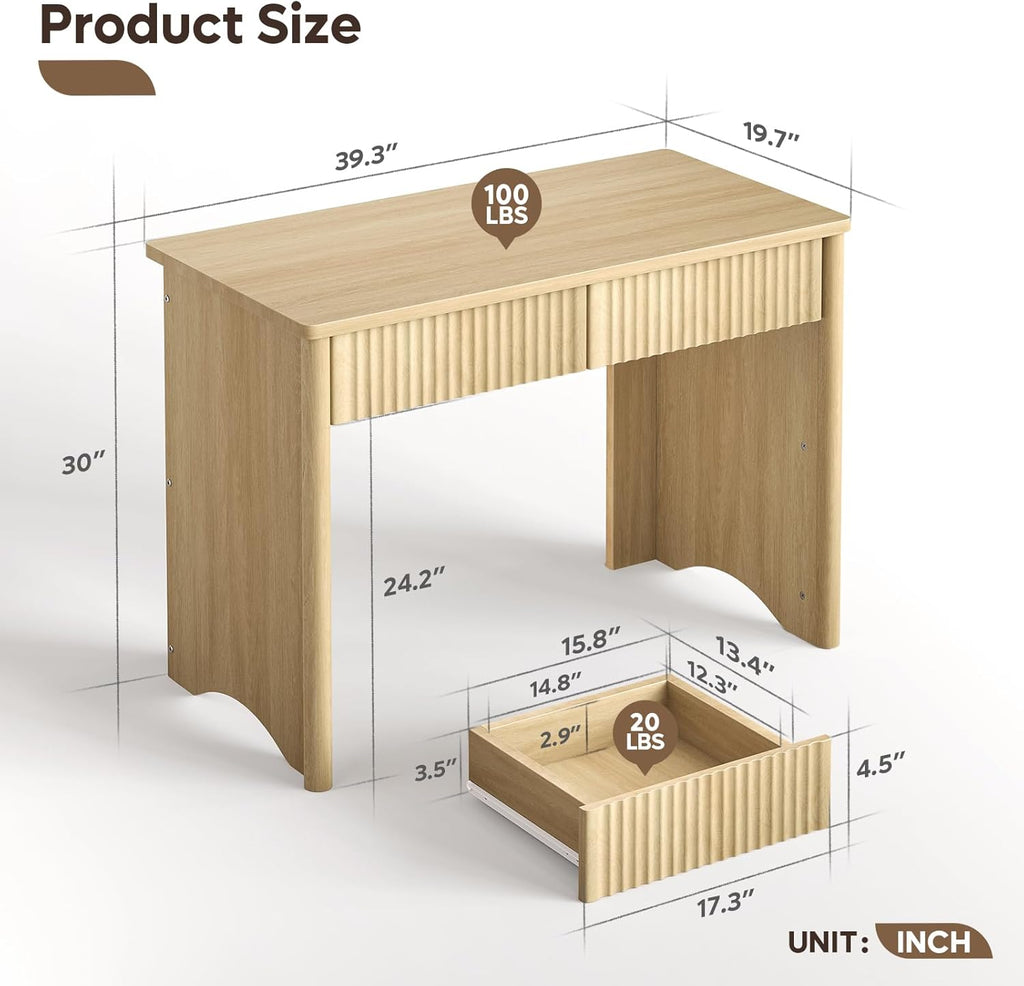 Fluted Computer Desk with 2 Drawers, 40 Inch Small Wooden Writing Study Work Desk, Computer Table