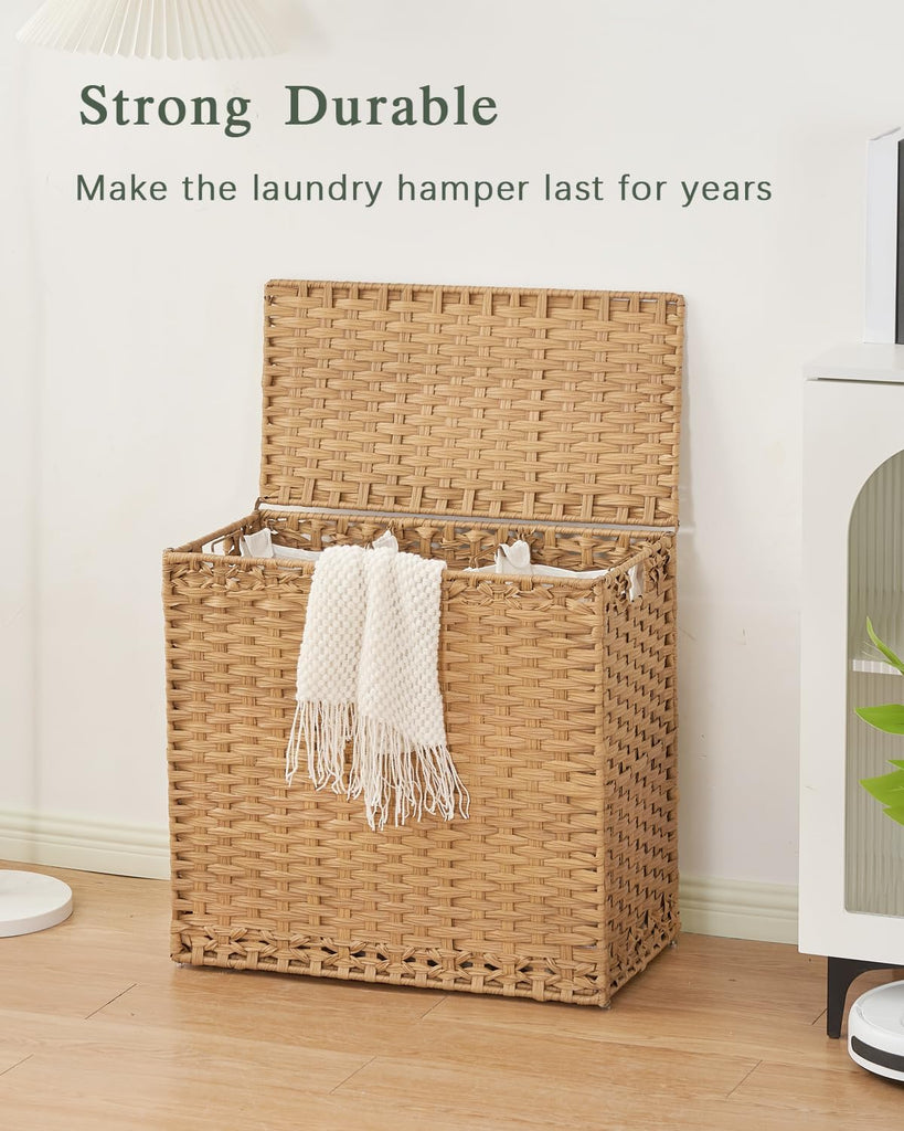 Laundry Hamper with Lid Laundry Basket 132 L PE Rattan Natural | Decorative PE Rattan Furniture Look , Large Sorting