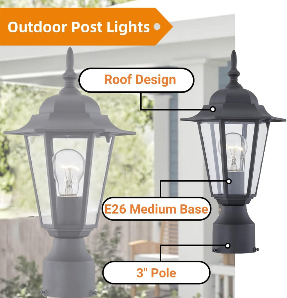 Outdoor Post Light, Pole Lantern, E26 Base 60W Max, Aluminum Housing Plus Glass, Wet Location Rated, ETL Qualified