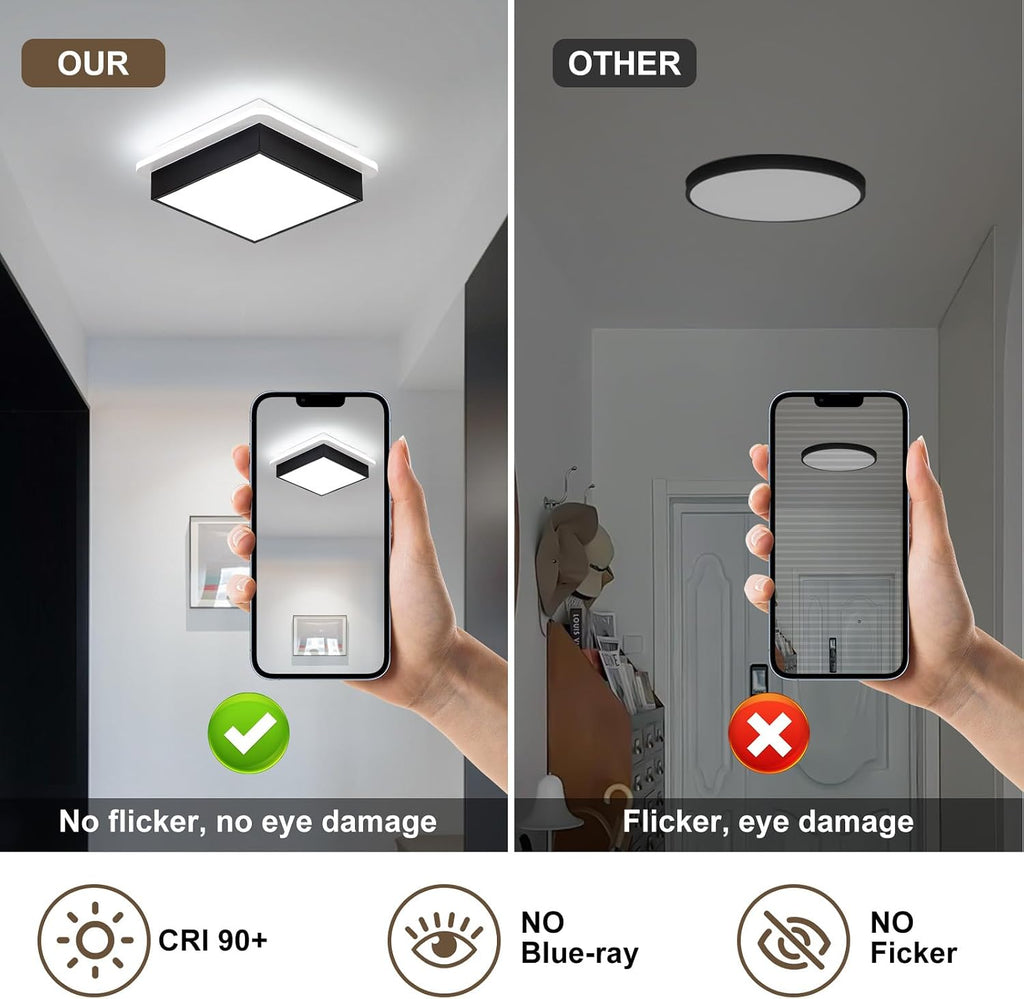 Modern Led Ceiling Light, 6000K Small Flush Mount Ceiling Light Fixture, Square Black Hallway Lighting Fixtures