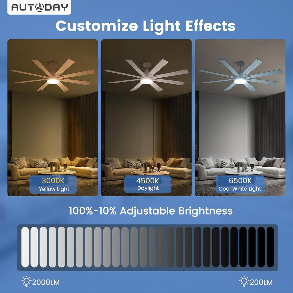 62" Ceiling Fan with LED Light and Remote - White / Light Natural Wood