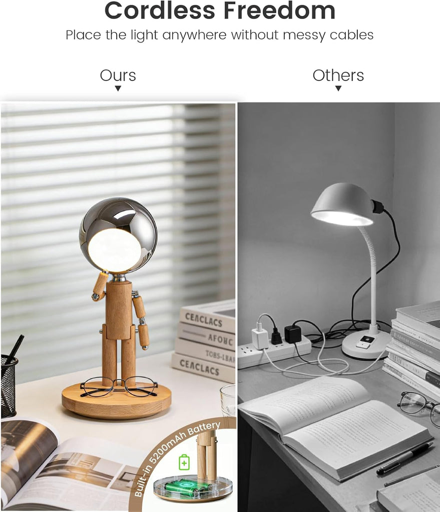 Rechargeable Cordless Desk Lamp, Creative Wooden Table Lamp with 3 Color &Stepless Dimming, Adjustable Pause Moon Lamp