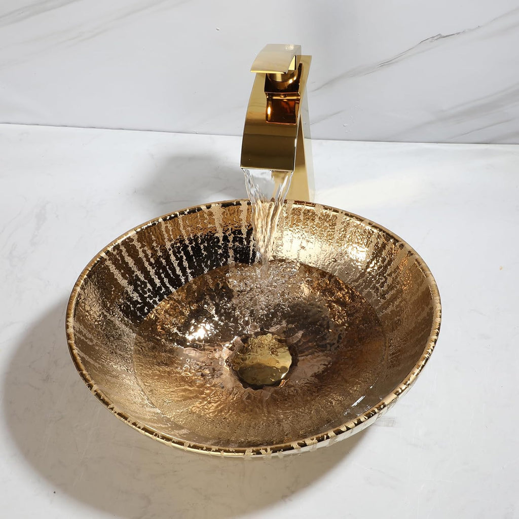 Gold Ceramic Bathroom Vessel Sink with Faucet and Drain Combo Bowl Above Counter Vessel Sink Oval for Modern Luxury