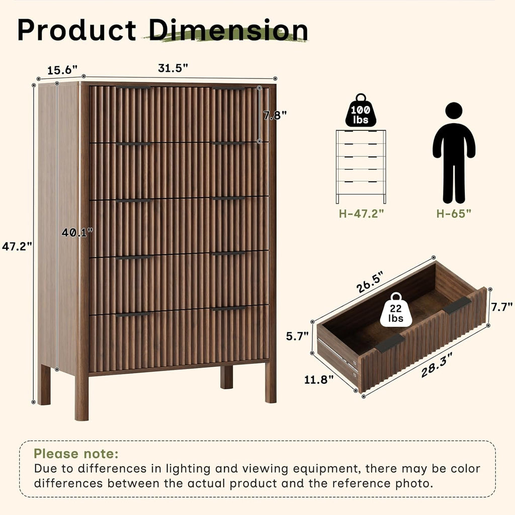47 Inch Tall Dressers Fluted 5 Drawer Dresser, Wooden Dresser Modern Chest of Drawers Dressers with Organizer Storage