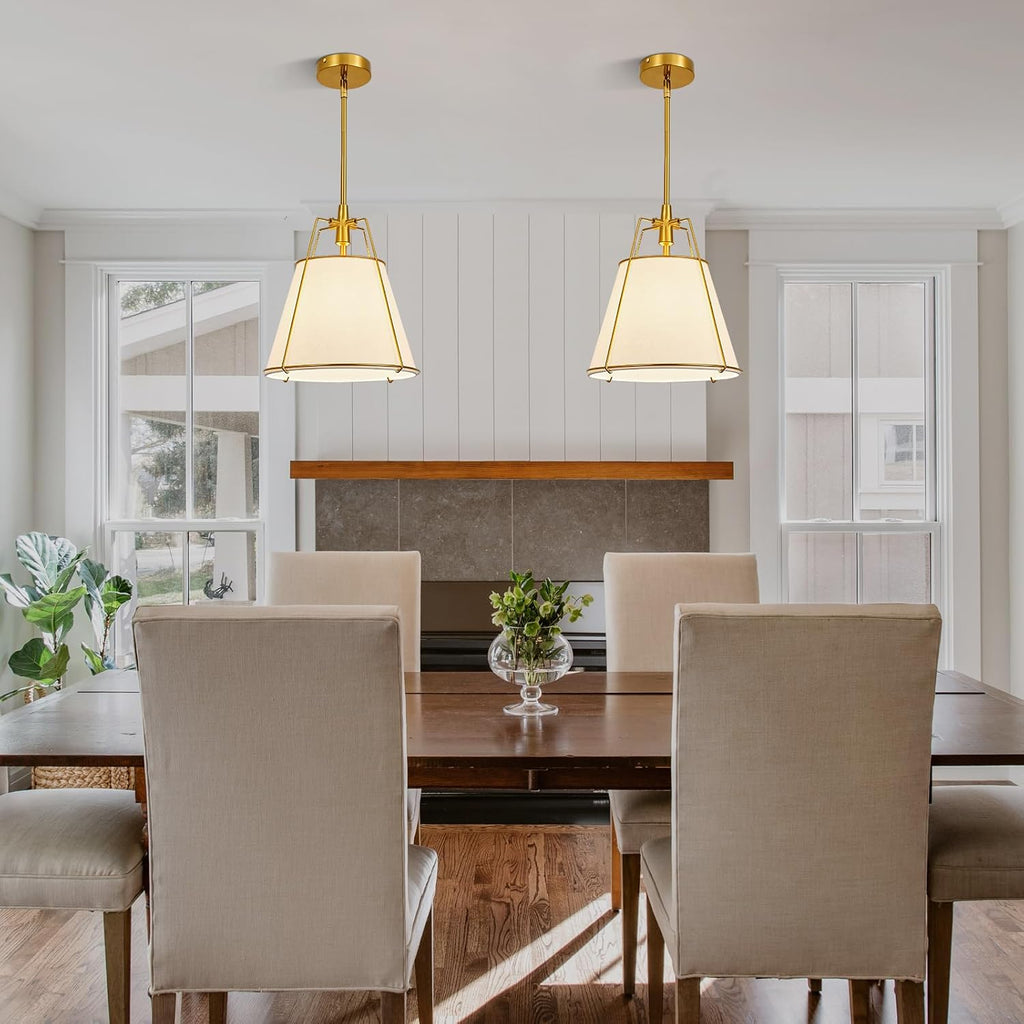 Modern Pendant Light Fixtures with 12" White Linen Fabric Shade, Adjustable Hanging Light Fixture,Drum Gold Vintage