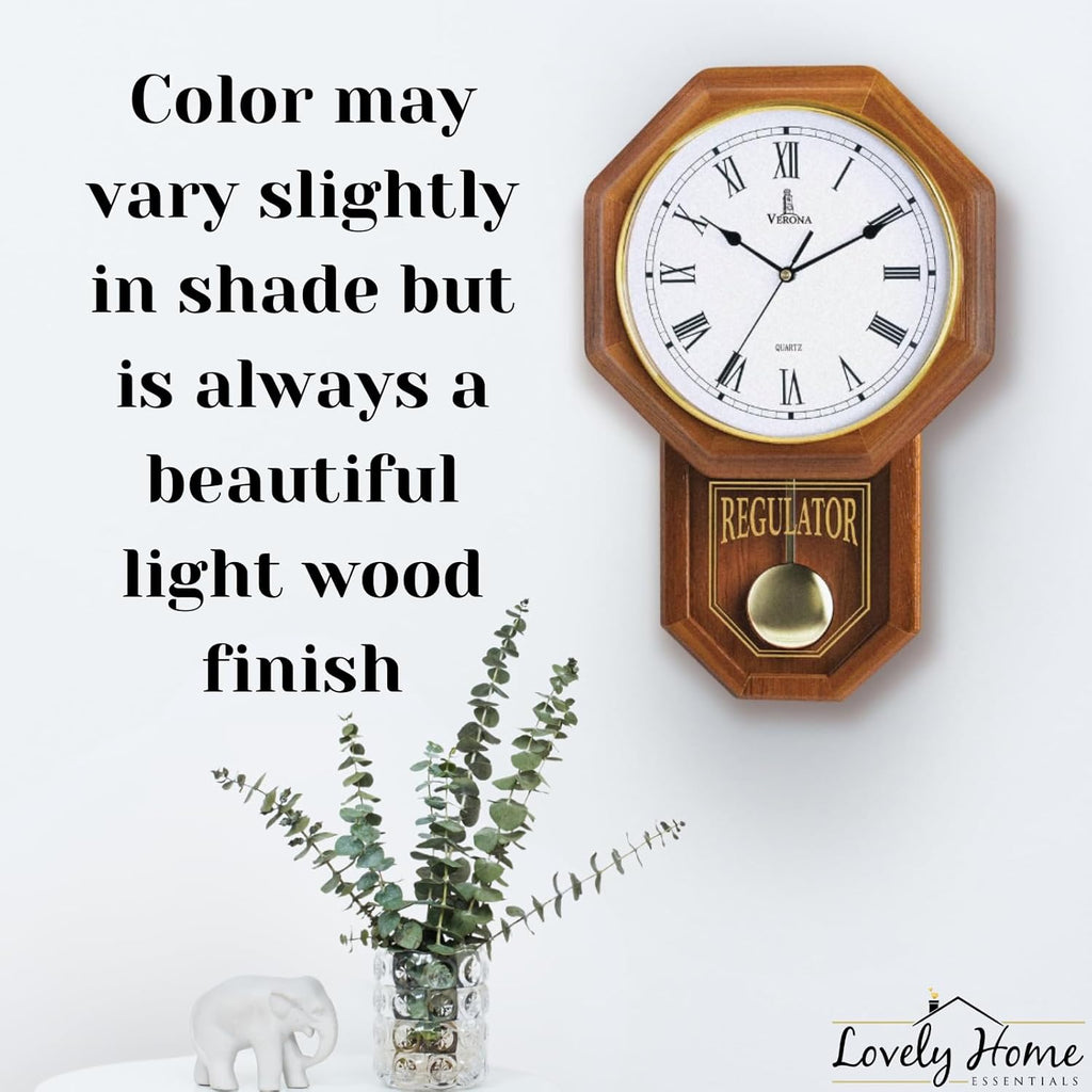 Pendulum Wall Clock Battery Operated - Real Wood Regulator Clock - Schoolhouse Design with Pendulum - Quiet, Non-Chiming - Wooden Wall...