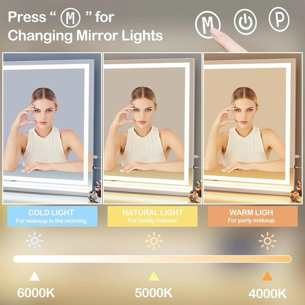 Makeup Vanity Mirror with Lights 32" x 24" Large LED Makeup Mirror, Light up Mirror with 10X Magnification and USB